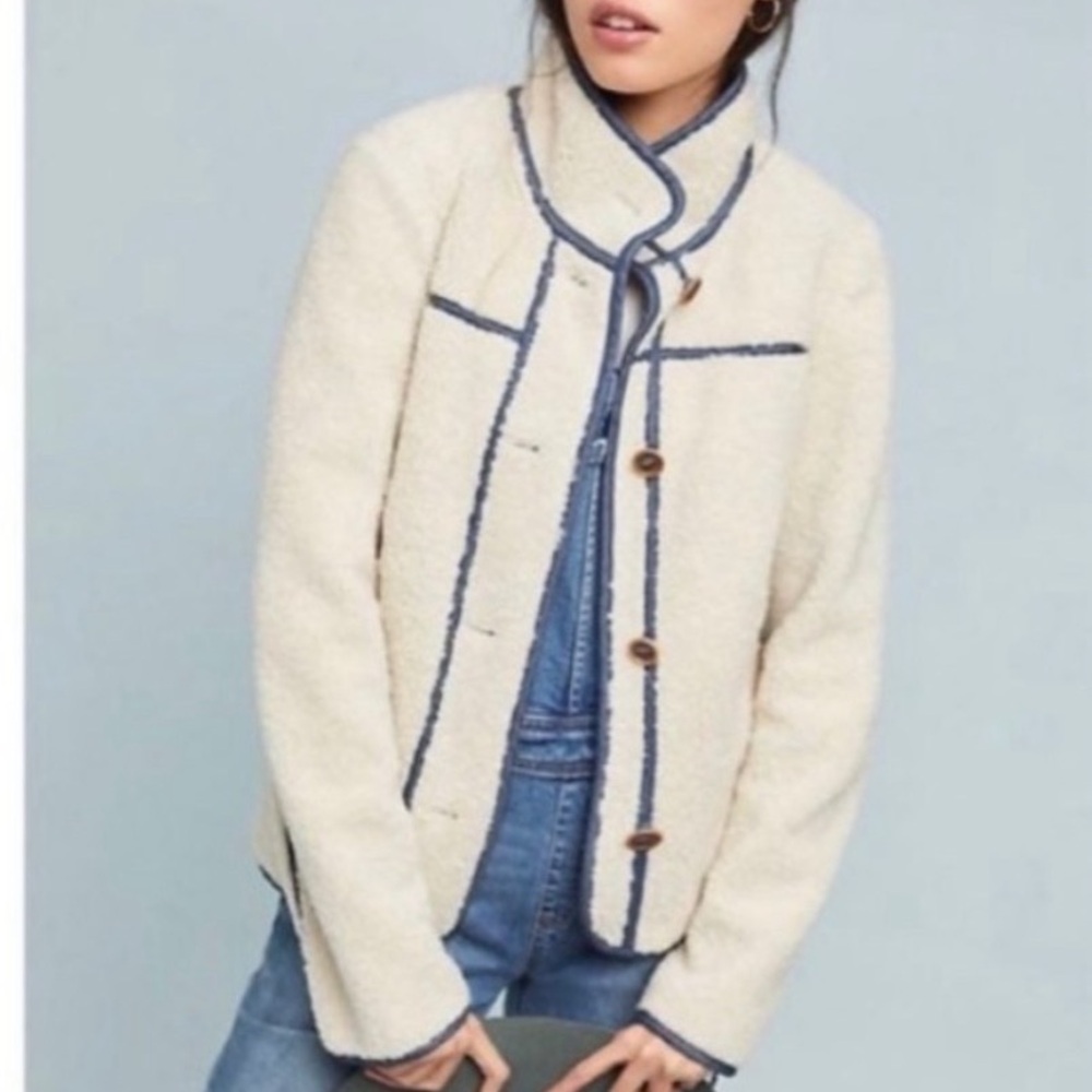 Anthropologie Cream Teddy Jacket with Blue Trim XL